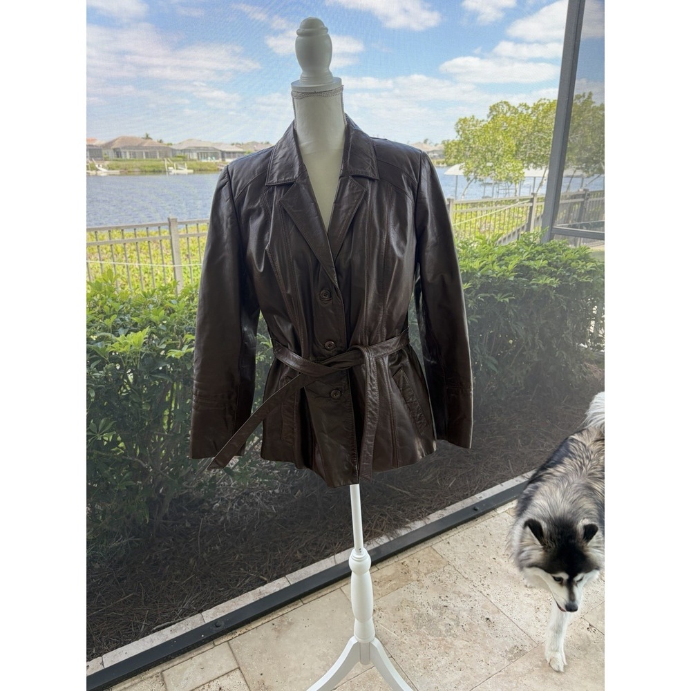 Vintage Y2K Wilsons Leather Jacket Large Chocolate Brown Belted 90s Minimalist